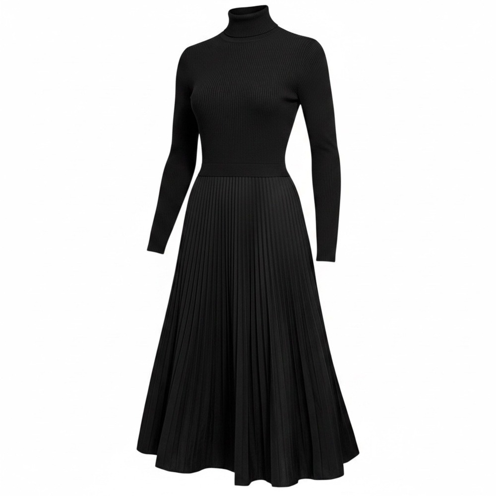 SWNY Romantic Black Ribbed Turtleneck Pleated Midi Dress Long Sleeve  Size M